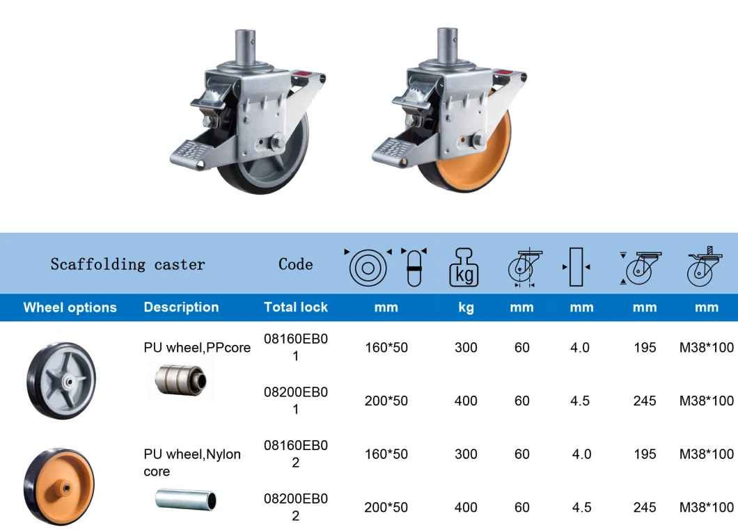 Scaffolding 150mm&200mm Eropean Style Brake Stem 38*600mm PU Casters