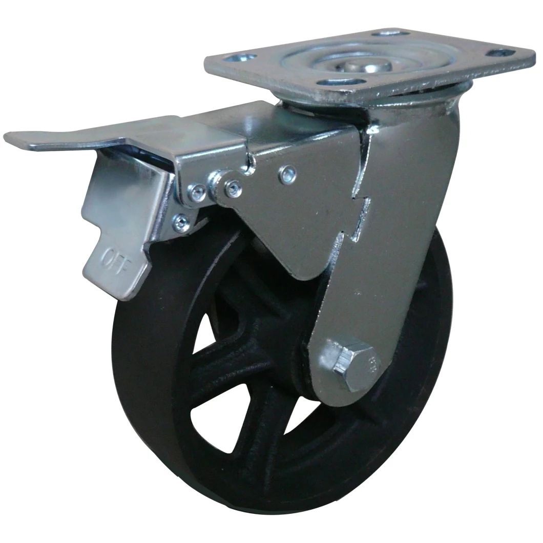 Wanda Wheel supplier Industrial 4&quot; Cast Iron Swivel Caster Wheel with Double Brake for Medical Facility /Foklift